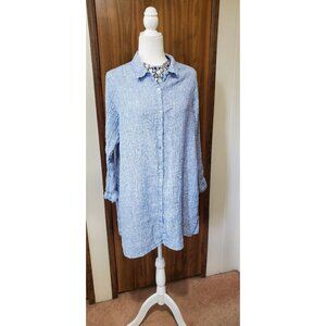 TAHARI TUNIC BLUE 100% LINEN LONG SLEEVE  SIZE 1X
